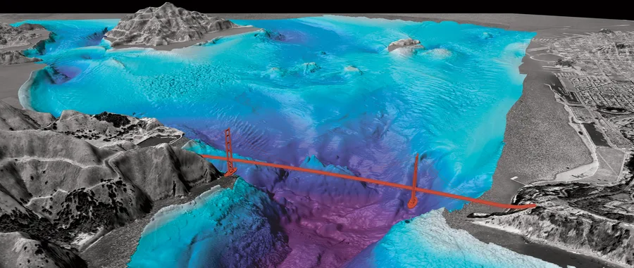Visualisasi batimetri multibeam menunjukkan sand wave besar di dasar laut
