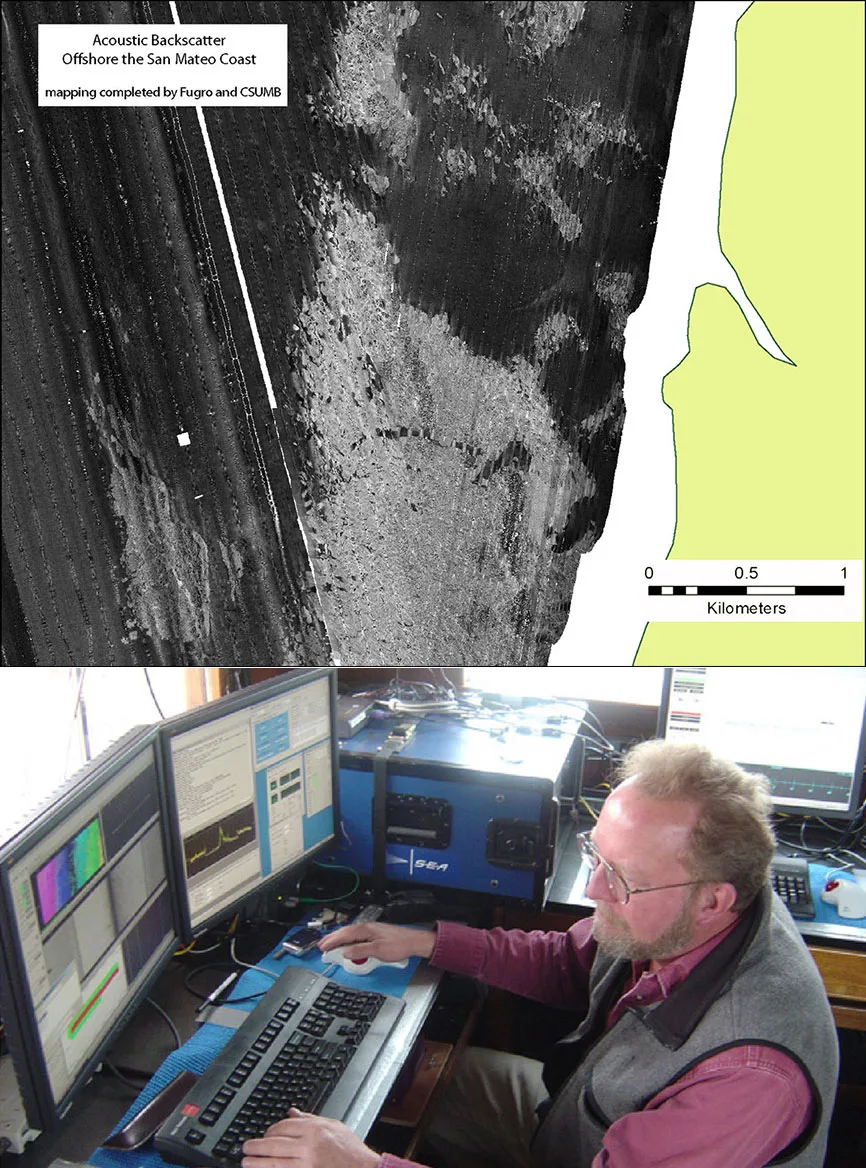 Panel yang membandingkan data intensitas backscatter akustik dengan foto ilmuwan sedang mengolah data batimetri dan backscatter di atas kapal riset