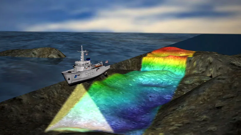 Ilustrasi kapal riset menggunakan multibeam echosounder mengirim gelombang suara ke dasar laut dan merekam pantulannya